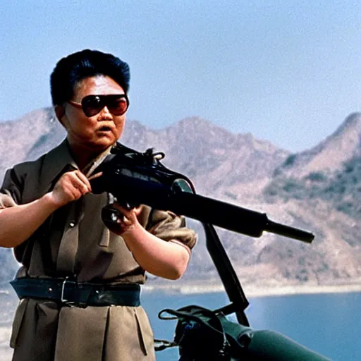 Image similar to filmstill of Kim Jong-il wearing a head bandana and aiming a bow in the role of Rambo, cinemascope, Eastman Color Negative 50T 5251 Neg. Film