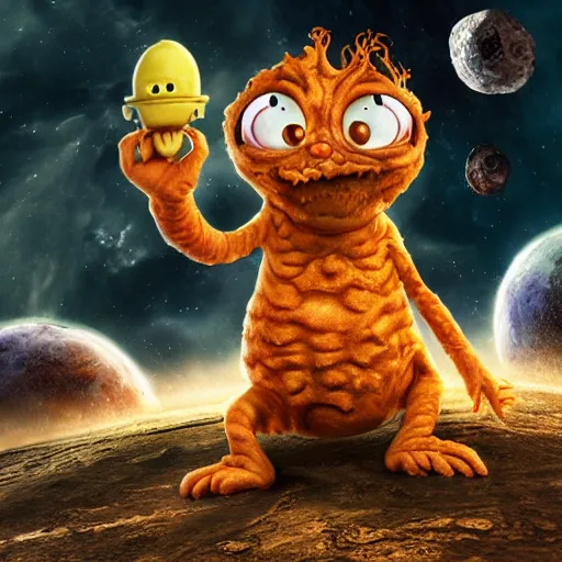 Image similar to eldritch horror bloody garfield in space, hd, 8 k, giant, epic, realistic photo, unreal engine, prophecy, powerful, cinematic lighting, destroyed planet, debris, violent, sinister, ray tracing, dynamic, epic composition, dark, horrific, teeth, grotesque, monochrome drawing, hellscape, corpses, foreboding, lightning, garfield cartoon eyes