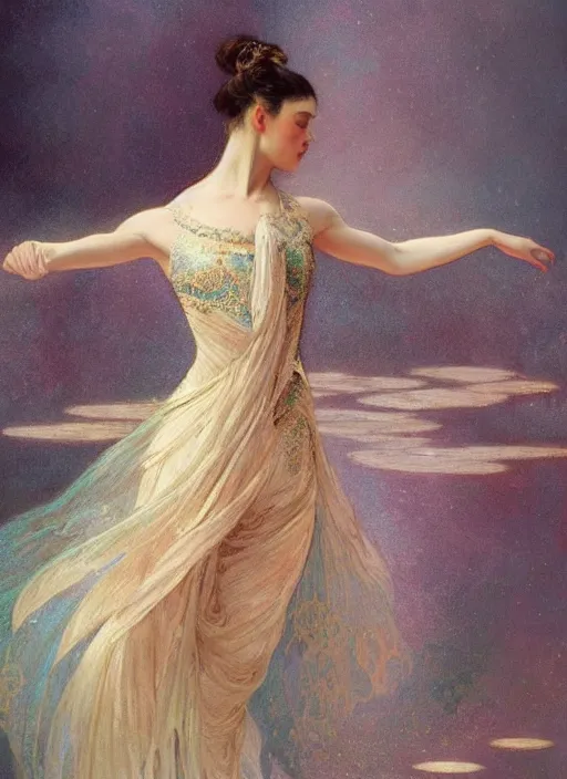 Image similar to a beautifull intricate dot painting of a dancing ballerina, reflexions, verry high details by william turner art, greg rutkowski and alphonse mucha, trending on artstation, very very detailed, masterpiece, muted colors