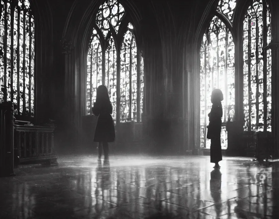 Image similar to a highly detailed unreal engine symmetric portrait of a gothic girl in a richly decorated church with a wet floor and light coming in through the stained windows, bokeh, tilted frame, henry cartier bresson