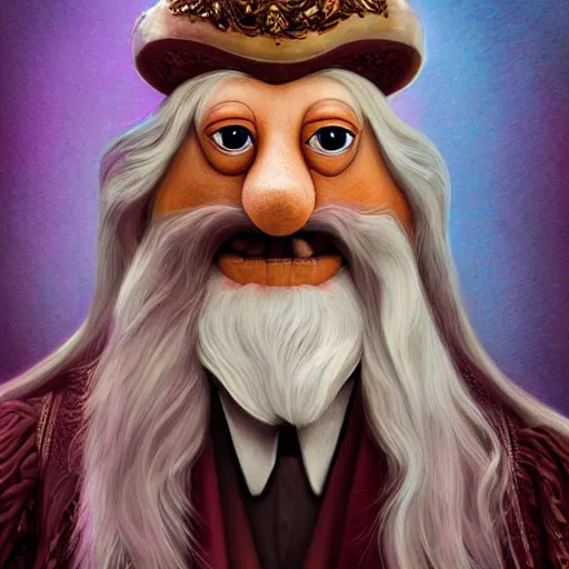 Prompt: Albus Dumbledore depicted as a muppet, fantasy, intricate, ornate, Hyperdetailed, digital art, behance, artstation, smooth, sharp focus, bokeh, illustration, digital painting, elegant, symmetrical