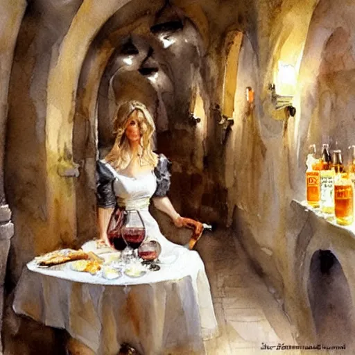 Image similar to beautiful blonde in hot dress in a wine cellar, food, pork, beer, schnapps, rustic, traditional, torches on the wall, watercolor by vladimir volegov and anders zorn, highly detailed, beautiful interior, masterpiece