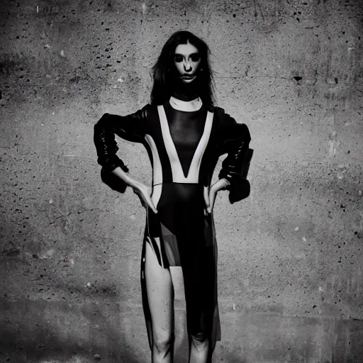 Image similar to fashion photography of an alien model, wearing demobaza fashion, inside berghain, berlin fashion,, futuristic fashion, dark minimal outfit, photo 3 5 mm leica, hyperdetail, 8 k, very detailed, black and white