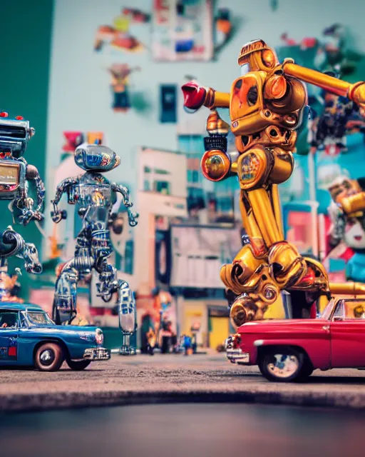 Image similar to high quality presentation photo of a a detailed miniature diorama of retro toy robots invading a detailed model of a 1950s town, photography 4k, f1.8 anamorphic, bokeh, 4k, Canon, Nikon