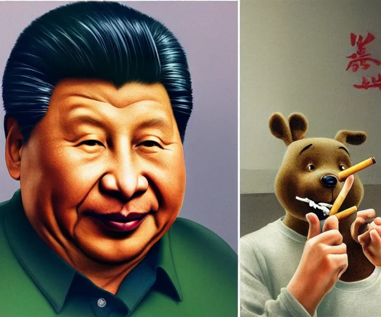 Prompt: hyperrealism movie still photography of real detailed high xi jinping with detailed face smoking detailed weed in detailed basement bedroom with high winnie the pooh hyperrealism photography by araki nobuyoshi