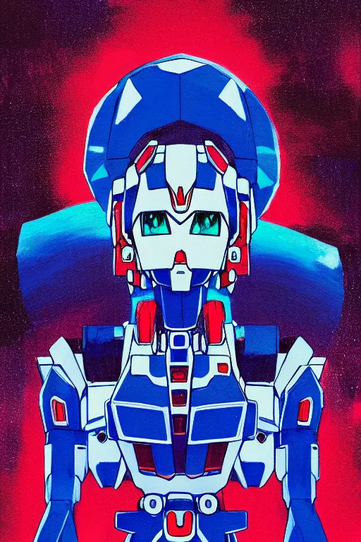 Image similar to risograph grainy painting of gigantic huge evangelion - like gundam mech face, with huge earrings and rings around head with a lot of details, covered with rich jewelry, blue hour, twilight, by moebius and dirk dzimirsky and satisho kon, close - up wide portrait