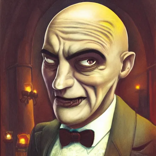 Prompt: urban fantasy character portrait of the god of illumination, an old ((somewhat mildewed)) funeral home director of Italian descent, somewhat bent over, bald on top, with a halo of unkempt hair, looking like Lurch from Addams Family, bearing a large mad grin