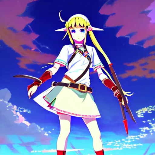 Image similar to a beautiful! young feminine link from botw, wearing japanese catholic school girl outfit with mayan pattern and native style, aztec street fashion, guilty gear art direction, perfect anime face, gapmoe yandere grimdark, trending on pixiv fanbox, painted by greg rutkowski makoto shinkai takashi takeuchi studio ghibli, akihiko yoshida