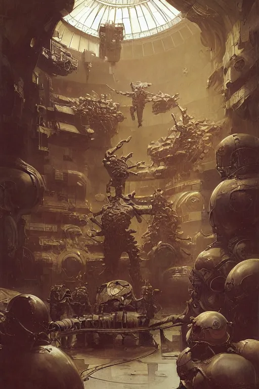 Prompt: scientists in a laboratory observe a huge martian wearing armour, painted by ruan jia, raymond swanland, lawrence alma tadema, zdzislaw beksinski, norman rockwell, jack kirby, tom lovell, alex malveda, greg staples