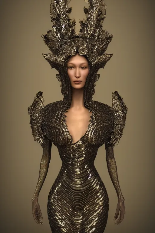 Prompt: a highly detailed 3 d portrait of a beautiful alien goddess bella hadid in iris van herpen dress schiaparelli in diamonds in style of alphonse mucha trending on artstation made in unreal engine 4