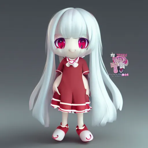 Image similar to cute fumo plush of a girl with a big heart, very long hair, stylized pbr, subsurface scattering, outline glow, blob anime, bokeh, vray