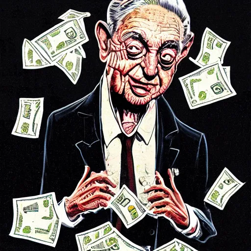 Image similar to George Soros full body shot, dollar bills Body horror, biopunk, by Ralph Steadman, Francis Bacon, Hunter S Thompson