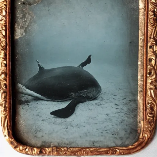 Image similar to underwater tintype photo of whale eating a mermaid