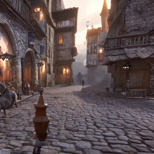 Image similar to detailed medieval fantasy streets with people walking around, unreal engine 5 rendered, incredibly highly detailed and realistic, 8 k, sharp focus, studio quality