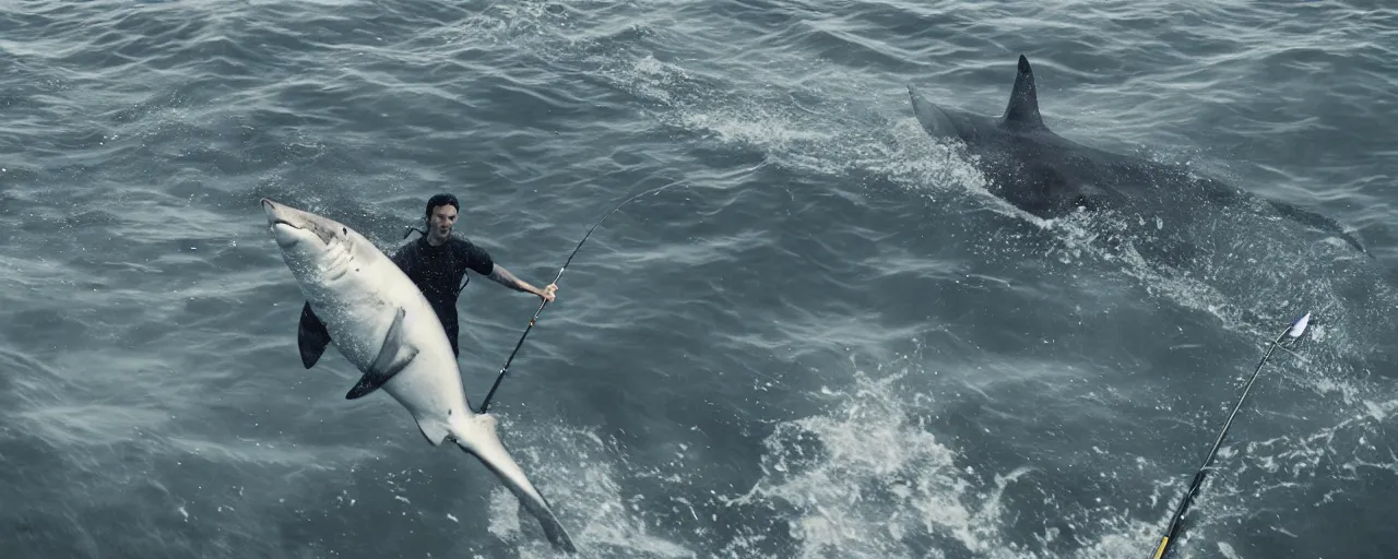 Image similar to cinematic rendering of a man standing stiff on a surfboard while he fishes aggressively with a long fishing pole to reel in something underwater only revealed by a large brutish shark fin