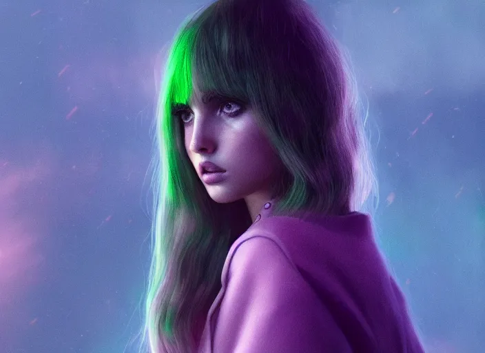 Image similar to breathtakingly beautiful Ana de Armas in blade runner 2049, long flowing hair, trending on artstation, unreal engine, purple neon, green rain, 35mm, radiant face