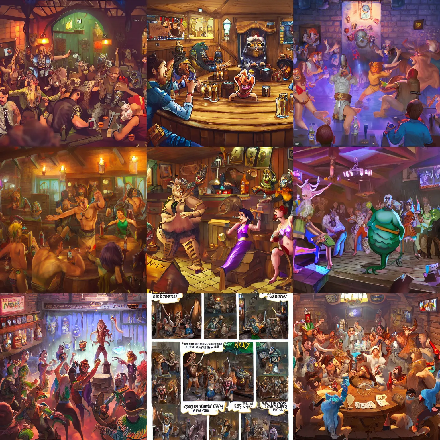 Prompt: rowdy fantasy tavern, creatures of all races dancing, beer being drank and spilled, music being played, high quality digital art, artstation, 4k, detailed