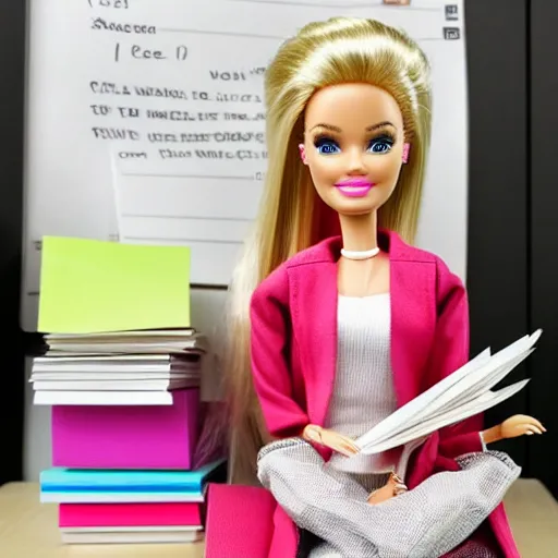Image similar to a tired!!!!!!!! and sad!!!!!!!!! barbie doll sits at a desk in her office. the desk is overflowing!!! with several large stacks!!! of paper that surround!!! her entirely. her head is resting on her hand, photorealistic,