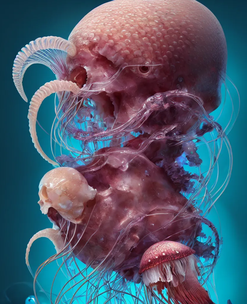 Image similar to goddess close-up portrait ram skull. jellyfish phoenix head, nautilus, orchid, skull, betta fish, bioluminiscent creatures, intricate artwork by Tooth Wu and wlop and beeple. octane render, trending on artstation, greg rutkowski very coherent symmetrical artwork. cinematic, hyper realism, high detail, octane render, 8k