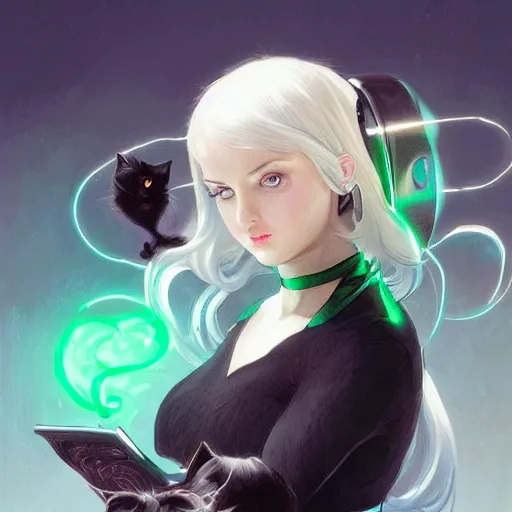 Image similar to black cat with green eyes and a headset sitting infront of a PC screen with a bright background, D&D, fantasy, intricate, elegant, highly detailed, digital painting, artstation, concept art, smooth, sharp focus, illustration, art by artgerm and greg rutkowski and alphonse mucha