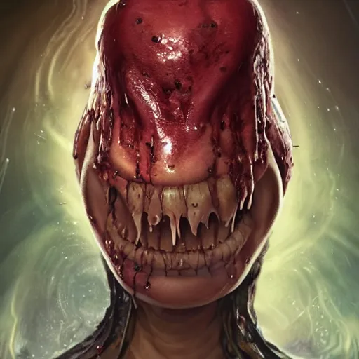 Image similar to whirling portrait of a twisting bloodied filigreed slime dripping genderless insect alien monster, muscles, rippling, space warping, ultra realistic, concept art, intricate details, eerie, highly detailed, photorealistic, octane render, 8 k, unreal engine. art by artgerm and greg rutkowski and alphonse mucha