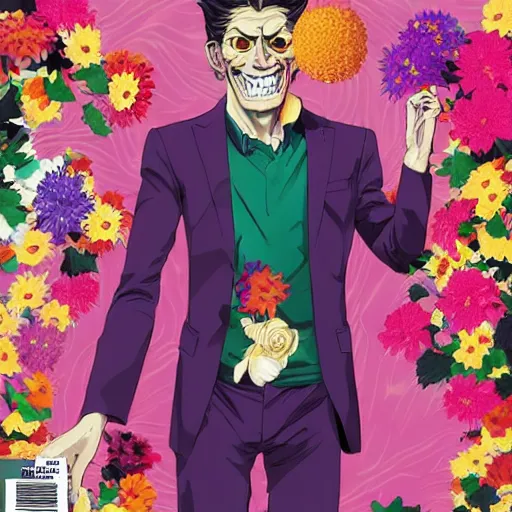 Prompt: willem dafoe, grinning, wearing a suit, posing, portrait surrounded by hibiscus flowers, jojo cover art, jojo anime style, david production, style of vento aureo cover art, style of stone ocean cover art, style of steel ball run cover art, style of jojolion cover art, ilya kuvshinov style, illustrated by hirohiko araki