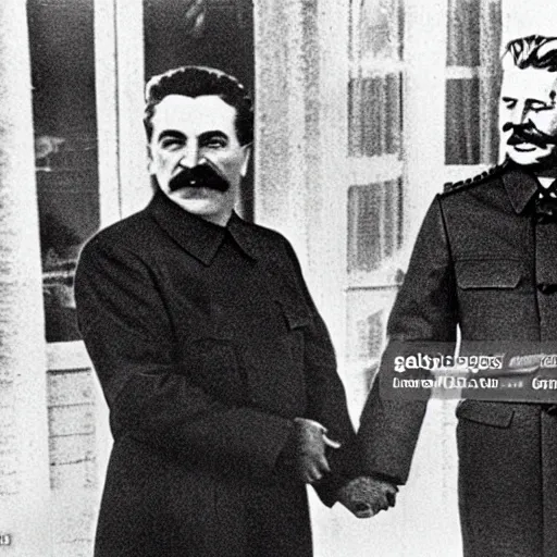 Prompt: stalin holding hands with trump, news photo