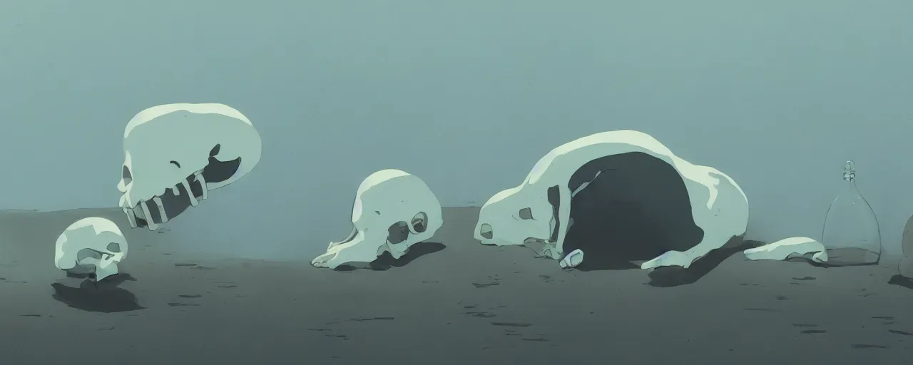 Image similar to seal bones and skull, in river mud, atey ghailan, goro fujita, studio ghibli, rim light, sad, dark lighting, clear focus, very coherent