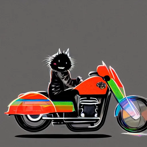 Image similar to wide angle full body, jacket wearing fluffy cute rainbow kitten wearing a black leather motorcycle jacket, riding on a motorcycle, cinematic concept art