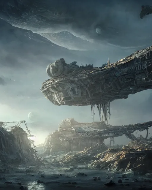 Prompt: epic concept art matte painting by weta digital, towering abandoned alien superstructure, hostile exoplanet with two moons, george lucas, mohrbacher, cgisociety