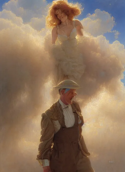 Image similar to A telemarketer walking out of of misty steam clouds, intricate, elegant, highly detailed, donato giancola, Joseph Christian Leyendecker, WLOP, Boris Vallejo, Artgerm