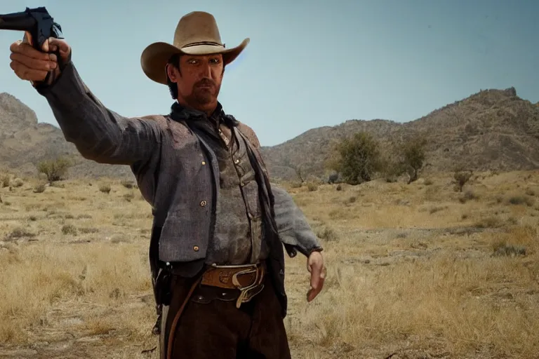 Prompt: film still of the main character cowboy standing holding a pistol in the outdoor scene in an action movie posing for the camera 2 0 2 0, 4 k wild west