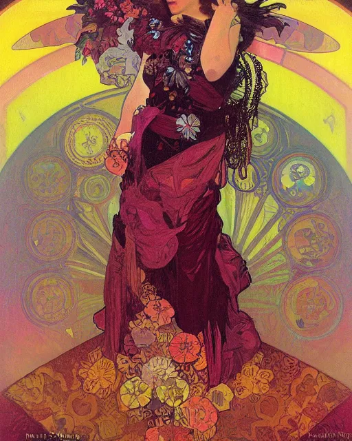 Prompt: flowerpunk portrait of a fierce matriarch by paul lehr, alphonse mucha