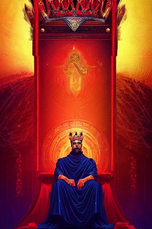 Image similar to the emperor, the crowned embodiment of male power holding the symbol of his power sits on a lavish red throne ruling with wisdom and care, 8 k resolution digital painting, by alena aenami, by michael whelan, behance hd, trending on artstation deviantart