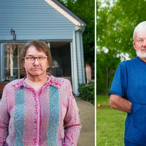 Image similar to a man and a woman around 3 0 years are standing in the backyard of a downtown home. focus on faces, realistic colors, detailed photo 8 k