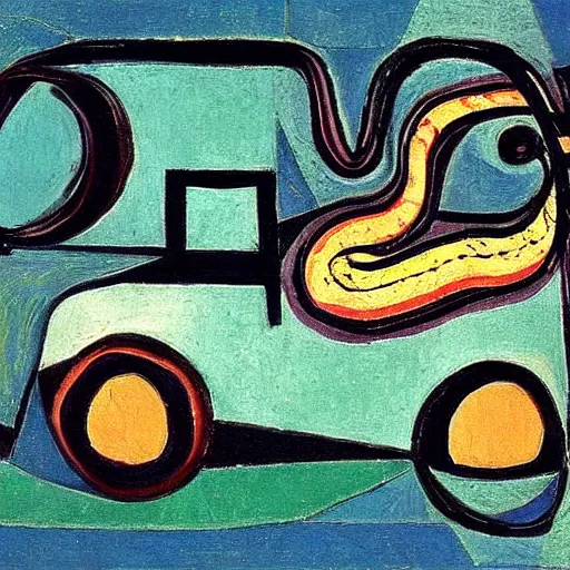 Prompt: a snake driving a jeep, painted by Picasso