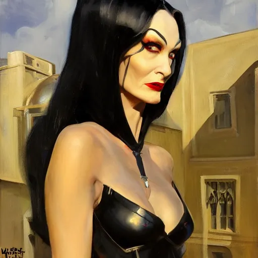 Image similar to greg manchess portrait painting of partially armored morticia from addams family as overwatch character, medium shot, asymmetrical, profile picture, organic painting, sunny day, matte painting, bold shapes, hard edges, street art, trending on artstation, by huang guangjian and gil elvgren and brom