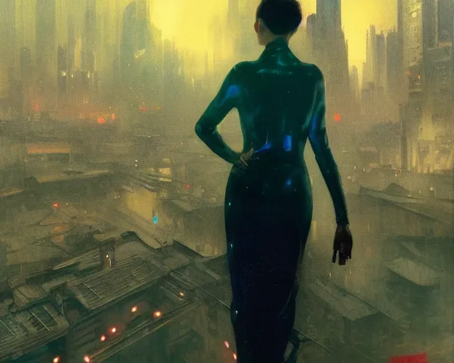 Image similar to 2 0 1 8 blade runner movie still girl look at the cityscape from roof perfect face fine realistic face pretty face reflective polymer suit tight neon puffy jacket blue futuristic sci - fi elegant by denis villeneuve tom anders zorn hans dragan bibin thoma greg rutkowski ismail inceoglu illustrated sand storm alphonse mucha