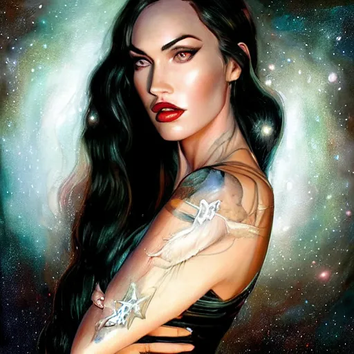 Image similar to portrait of megan fox wearing a tight black latex dress with galaxy lights and stars, sultry muscular body, fantasy, intricate, elegant, highly detailed, digital painting, artstation, concept art, matte, sharp focus, perfect face symmetry, illustration, art by aenaluck and roberto ferri and greg rutkowski, epic fantasy, digital painting