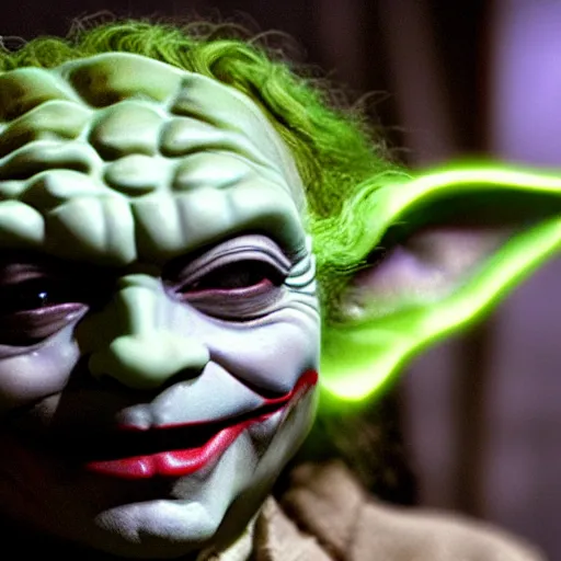 Image similar to stunning awe inspiring yoda as the joker, movie still 8 k hdr atmospheric lighting