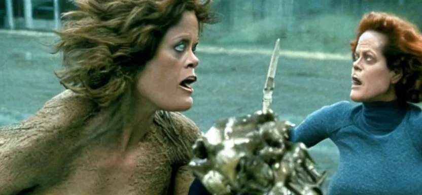 Prompt: sigourney weaver fighting a monster in a film still from a roger corman film, hyperrealistic