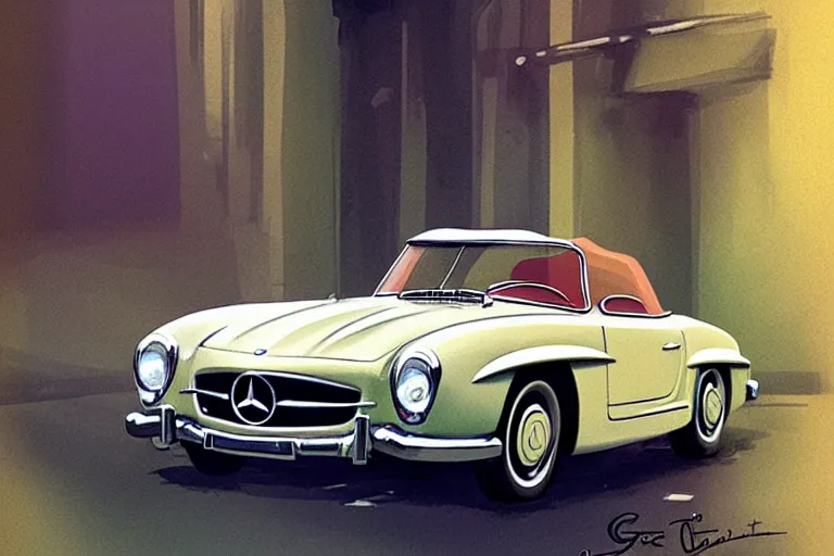 Prompt: 1 9 6 1 mercedes - benz 1 9 0 sl on a street, illustration by greg rutkowski