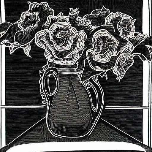 Prompt: a vase of black roses on a table, in the style of audrey kawasaki, photorealistic ; ornate patterned tablecloth ; painted by kazimir malevich and hr giger and georgia okeeffe ; moody lighting ; black and white illustration