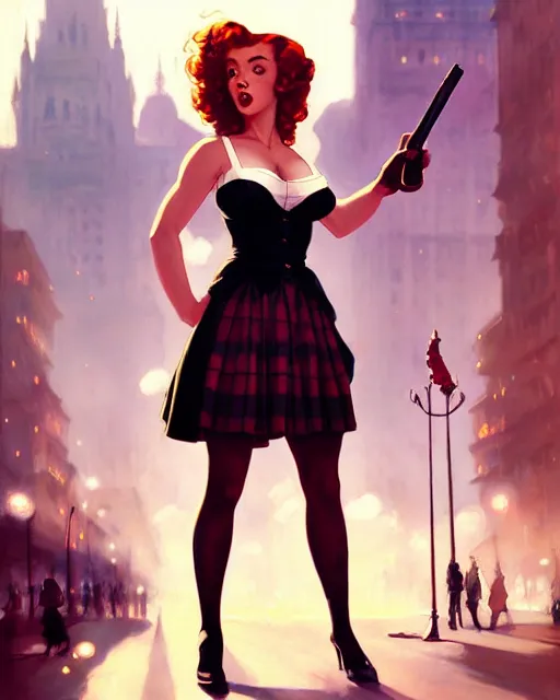 Prompt: pinup photo of hermione jean granger in the crowded square of the city, by greg rutkowski, artgerm, gil elvgren, enoch bolles, glossy skin, pearlescent, anime, very coherent, sao style anime, flat