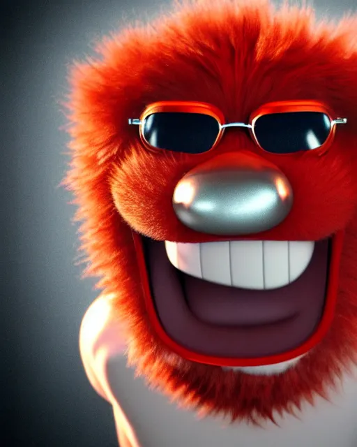 Prompt: 3 d render of completely red hairy friendly antropomorphic creature wearing chrome shades, without nose, grinning, full body, standing on 2 feet, in the style of pixar, white background, unreal engine 5, octane render, highly detailed hdr