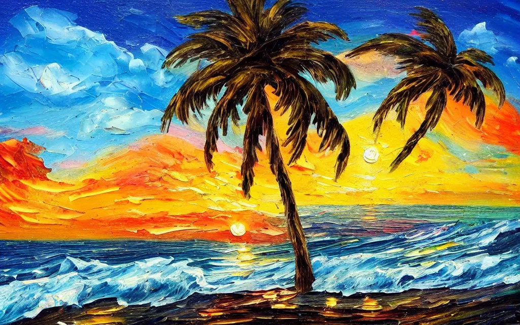 Image similar to in a big sea is a small island with a cute cozy cottage on it and a paved courtyard with benches and string lights, palm trees, sunset, puffy clouds, dramatic and dynamic lighting, thick brush strokes oil impasto painting