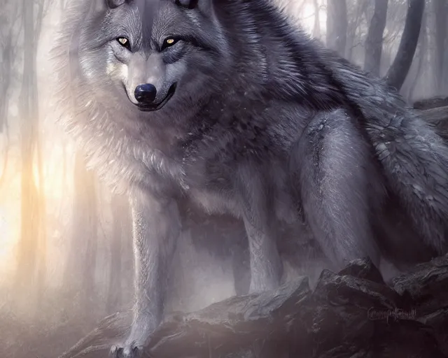 Image similar to 5 5 mm portrait photo of an armored holy angelic wolf with blue eyes and looking at the camera, glowing with holy lights, in a magical forest. magical atmosphere. art by greg rutkowski and luis royo. highly detailed 8 k. intricate. lifelike. soft light. nikon d 8 5 0.