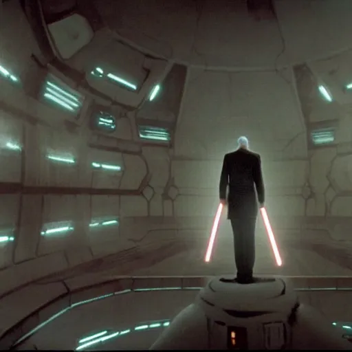 Image similar to Count Dooku standing on ledge observing dark dimly lit droid factory star wars still shot from Attack of The clones 720p