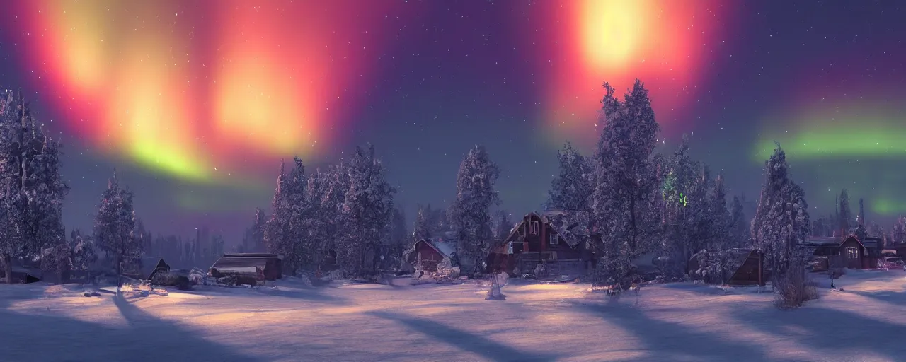 Prompt: a landscape with northern lights and village, winter, glowing lights, artstation, concept art, 4k, octane render