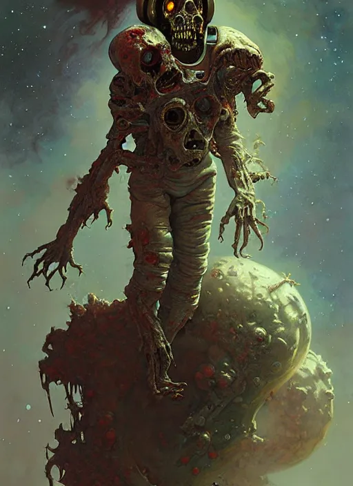 Image similar to a zombie astronaut , diffuse lighting, fantasy, intricate, elegant, highly detailed, lifelike, photorealistic, digital painting, artstation, illustration, concept art, smooth, sharp focus, art by John Collier and Albert Aublet and Krenz Cushart and Artem Demura and Alphonse Mucha